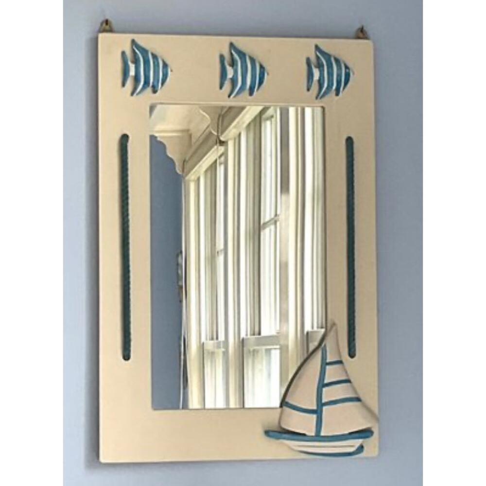 Fish And Sailboat Painted Wood Wall Mirror Beach-house Vibes!